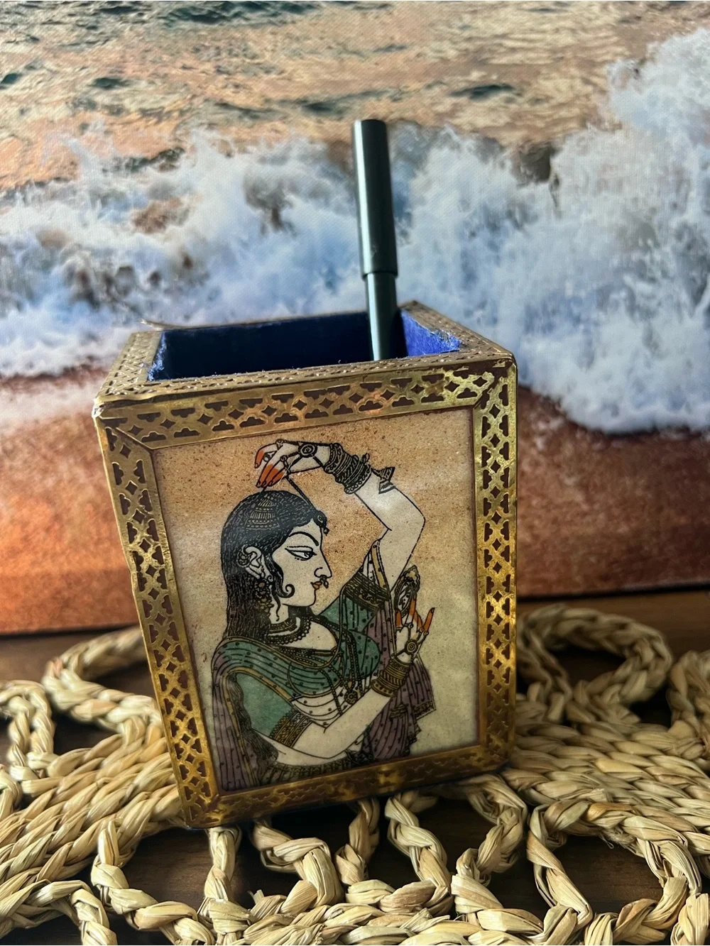 Hand-Painted Brass Pen Holder with Blue Interior - Unbranded